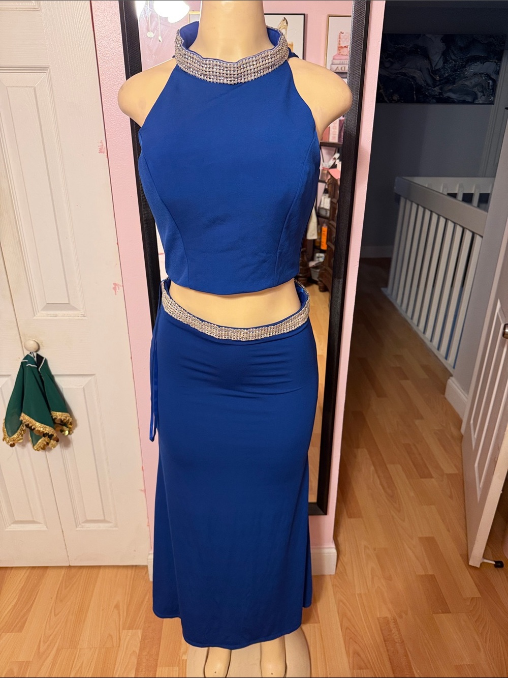 Crystal doll royal Blue Rhinestone Trim Halter Crop Top & matching maxi skirt